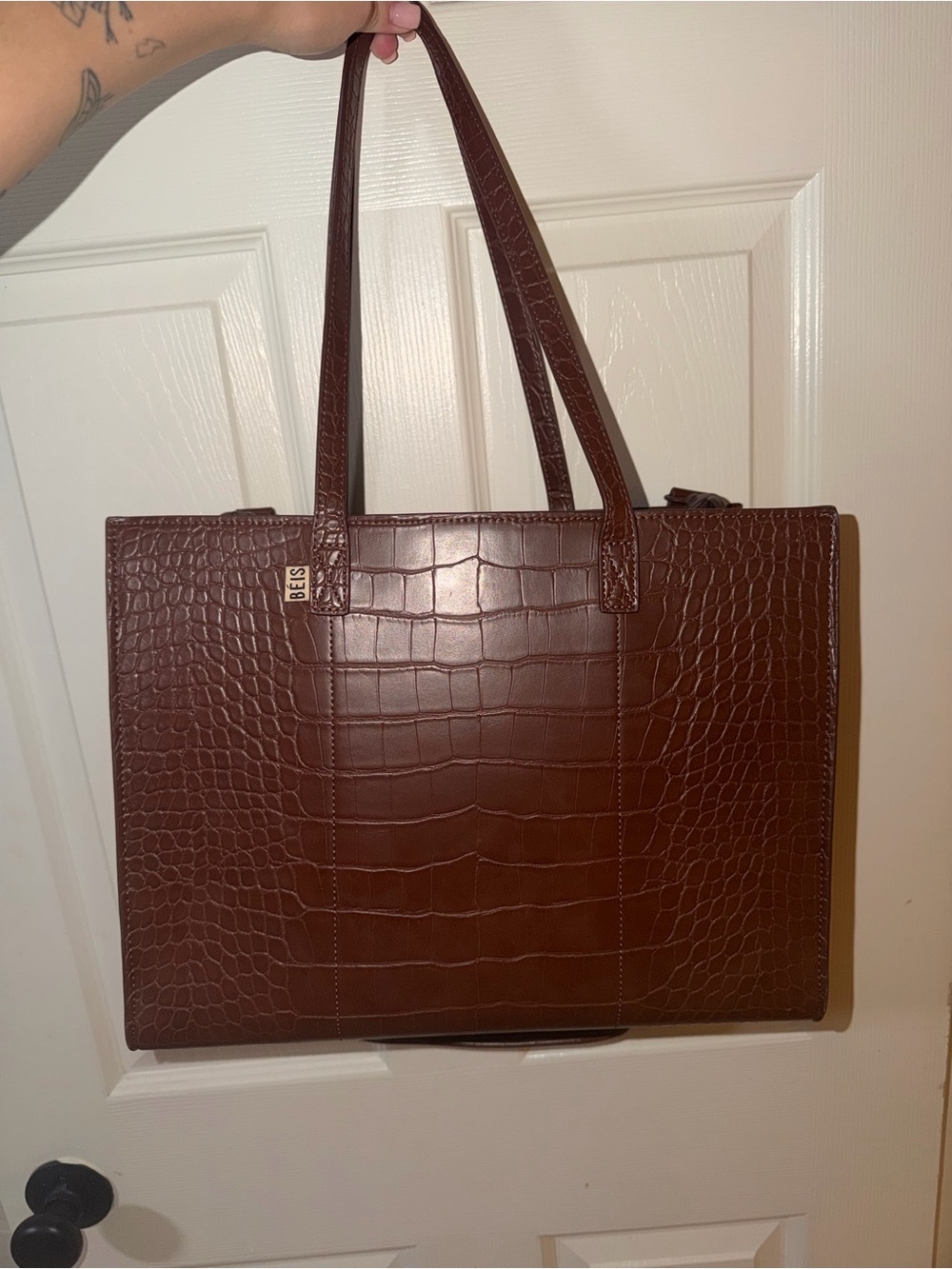 BEIS The Work Tote in Brown Croc Leather